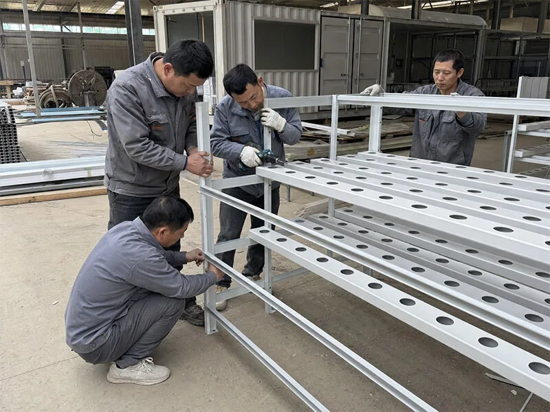 Hydroponic production team assembling NFT growing racks for a container farm system
