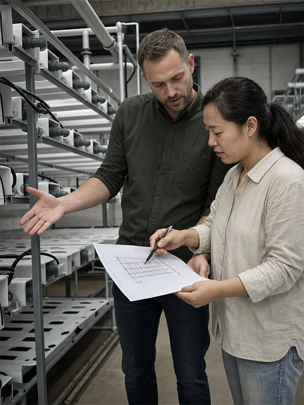 European customer consulting with a Chinese container farm manufacturer