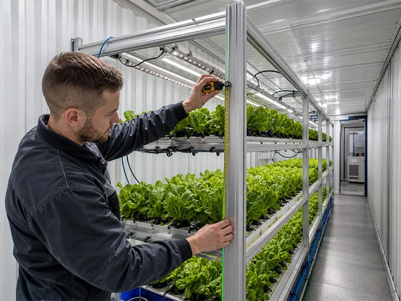 Rack alignment check during Aurlgrow container farm production